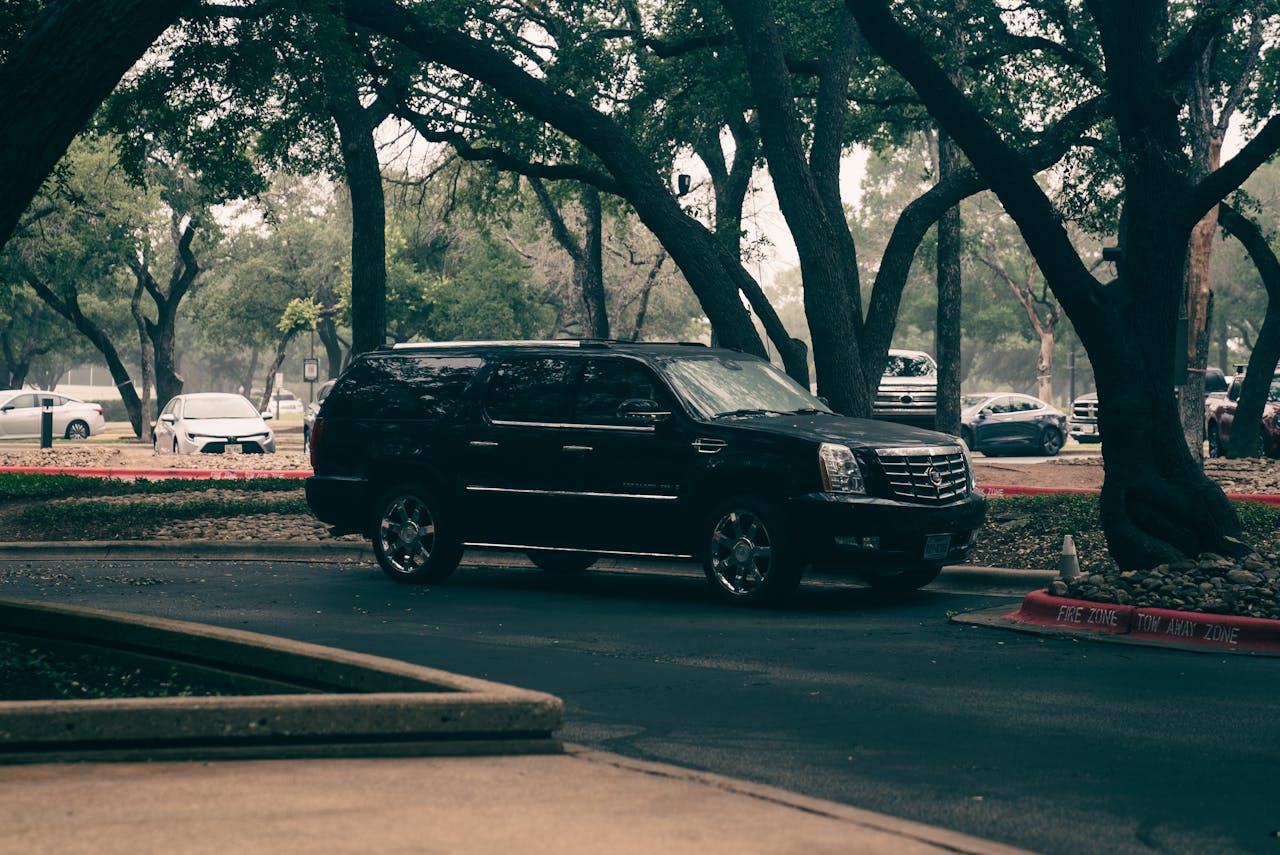 Black luxury SUV parked under trees in an urban area, showcasing modern elegance.